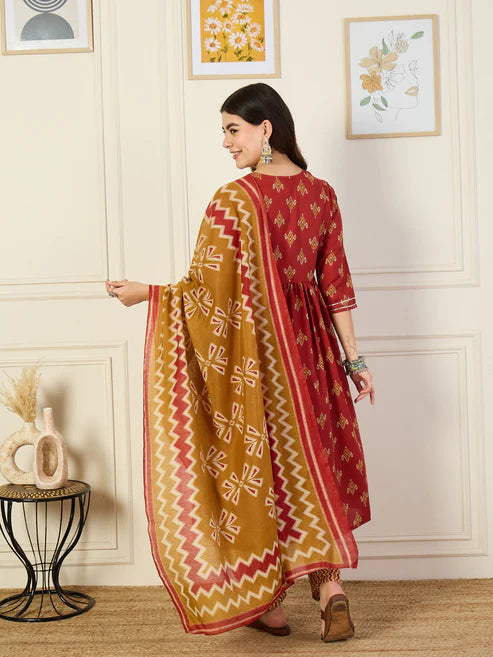 Printed Anarkali Kurta and Pant Set With Dupatta