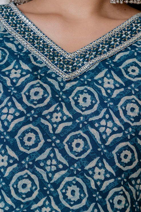 Printed Straight Blue Kurta and Pant set with Dupatta