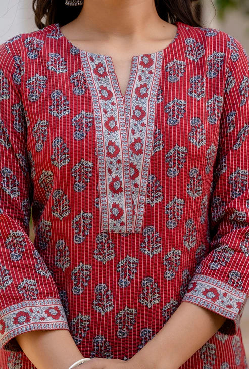 Printed Straight Red Kurta and Pant set with Dupatta