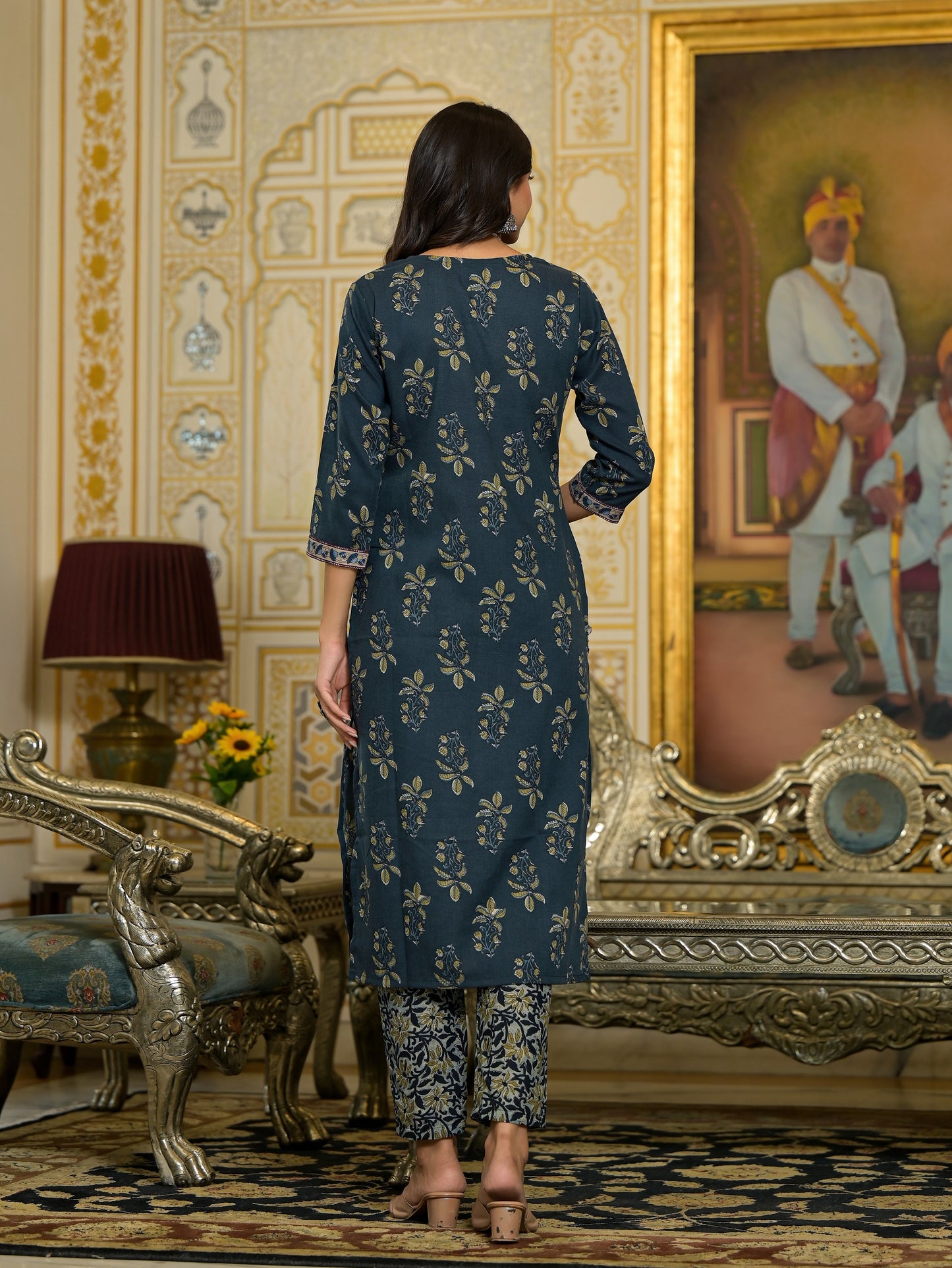 Women Navy Blue Embroidery Viscose Rayon Kurta, Pant And Dupatta Set