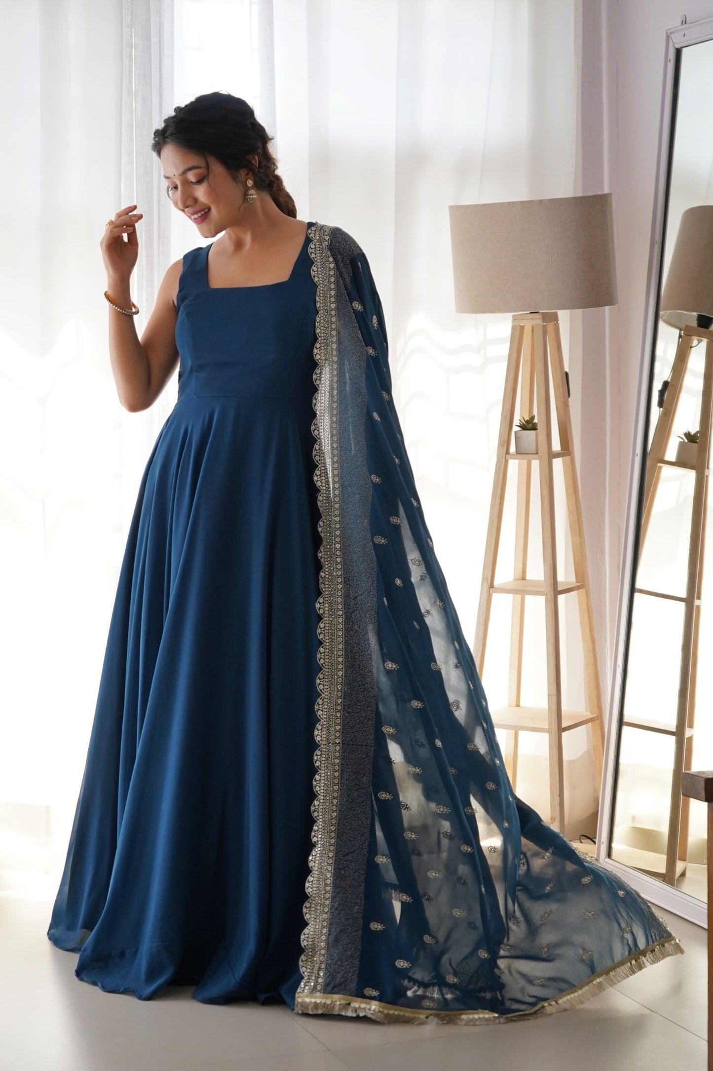 Solid Georgette Stitched Anarkali Gown With Dupatta