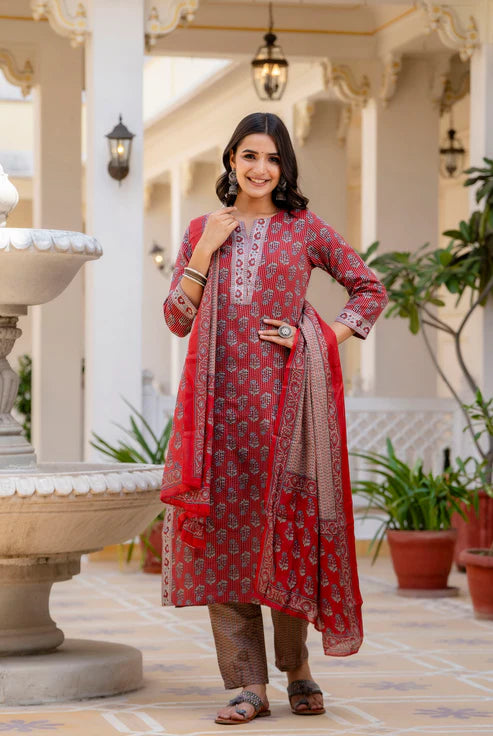 Printed Straight Red Kurta and Pant set with Dupatta