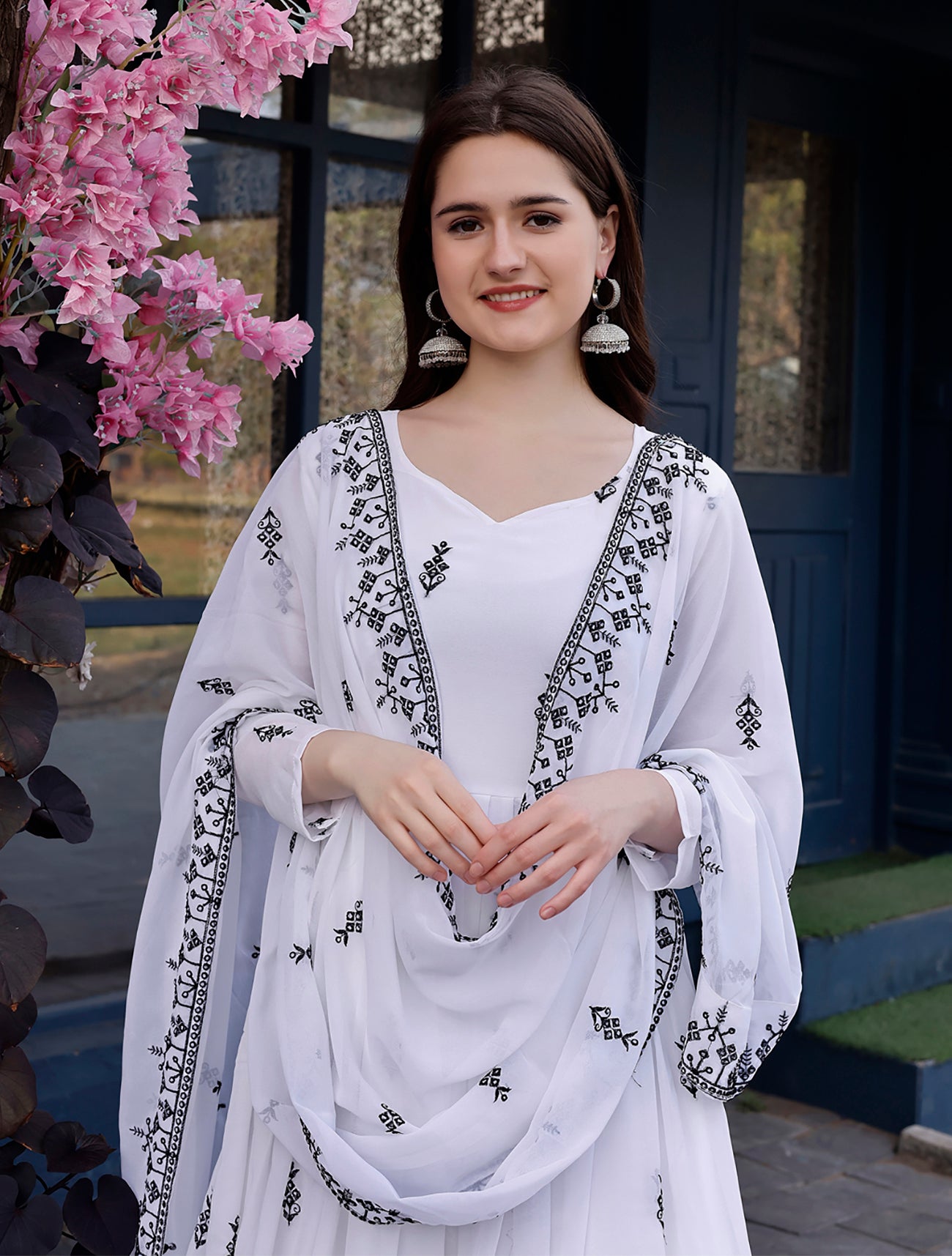 Embroidered Georgette Stitched Anarkali Gown With Dupatta