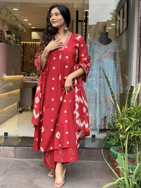 Printed A-Line Red Kurta and Pant Set With Dupatta