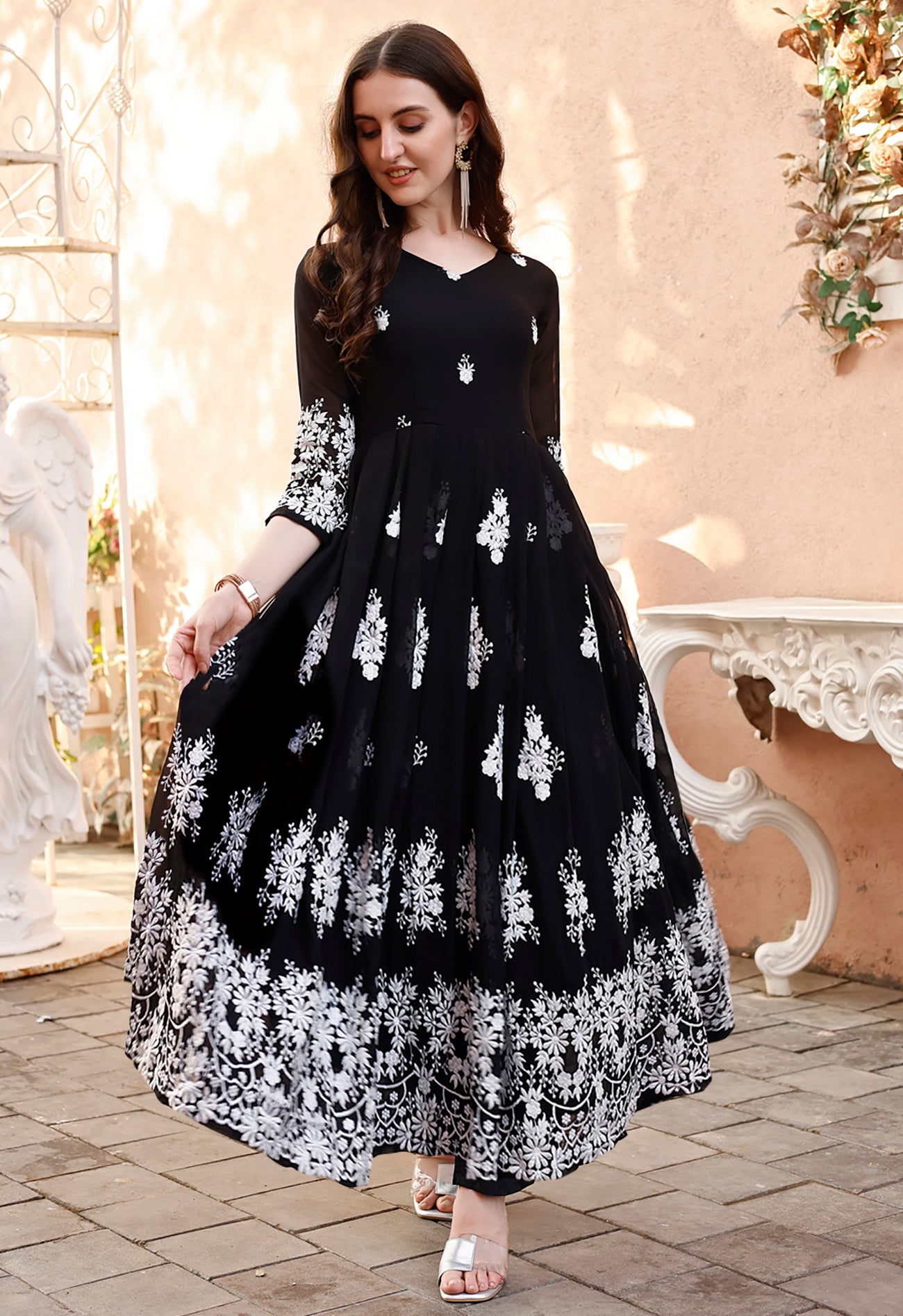 Embroidered Georgette Stitched Anarkali Gown With dupatta