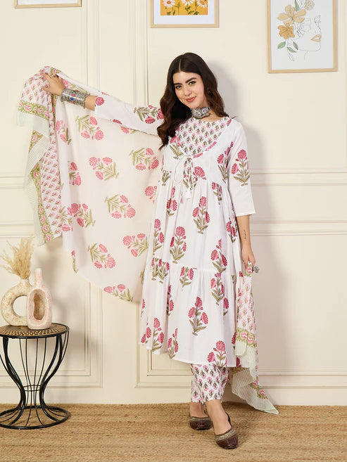Printed Anarkali White Kurta and Pant Set With Dupatta