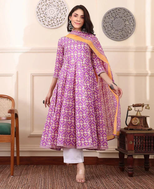 Printed Anarkali Kurta and Pant Set With Dupatta