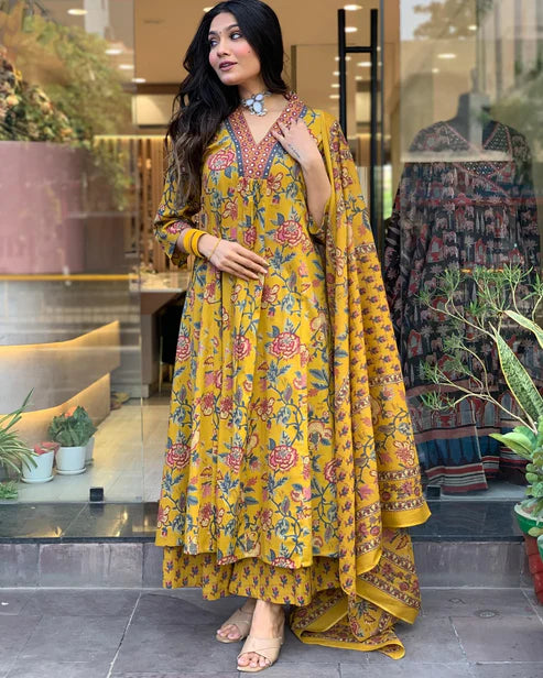 Printed A-Line Yellow Kurta and Pant Set With Dupatta
