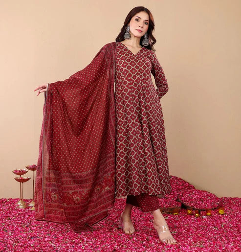 Printed A-Line Kurta and Pant Set With Dupatta