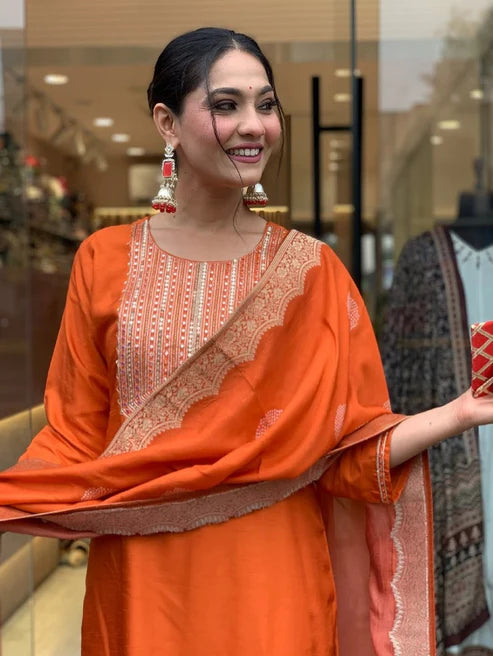 Embroidered Straight Kurta And Pant Set With Dupatta
