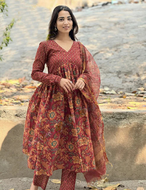 Printed Anarkali Red Kurta and Pant Set With Dupatta