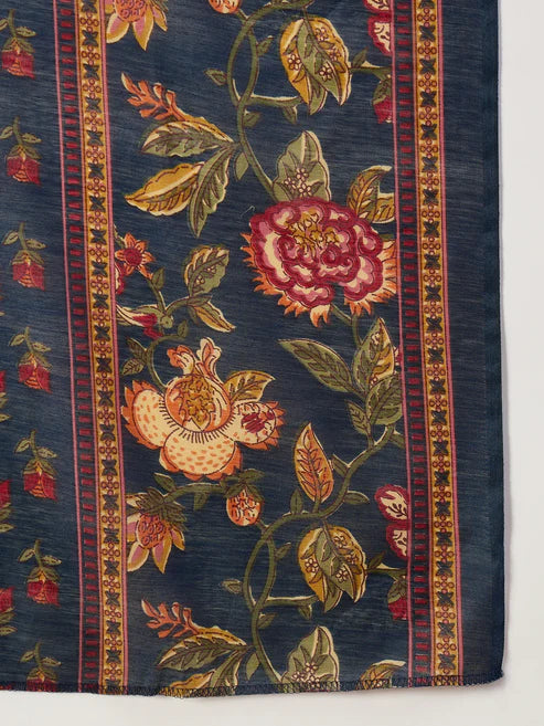 Printed A-Line Floral Blue Kurta and Pant Set With Dupatta