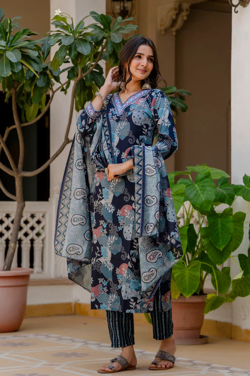 Printed A-Line Kurta and Pant set with Dupatta