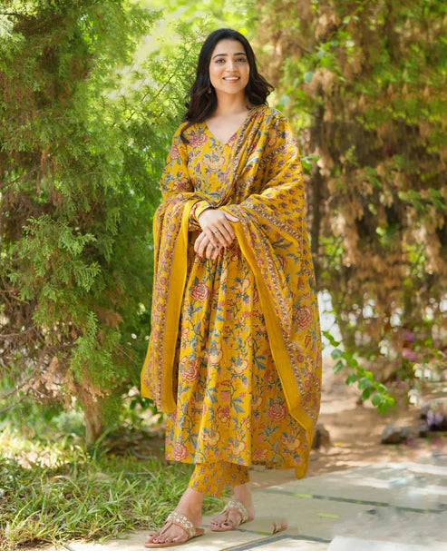 Printed Floral Anarkali Yellow Kurta and Pant Set With Dupatta
