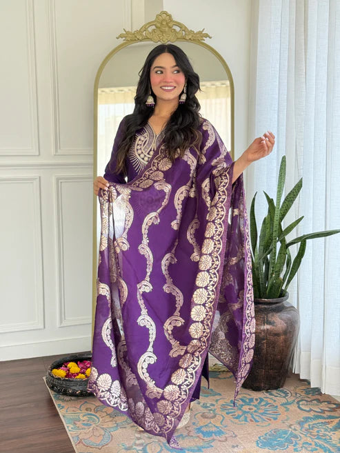 Elegant Solid Embroidered Kurta Set for Women – Festive Wear with Dupatta