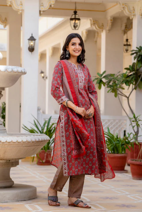 Printed Straight Red Kurta and Pant set with Dupatta
