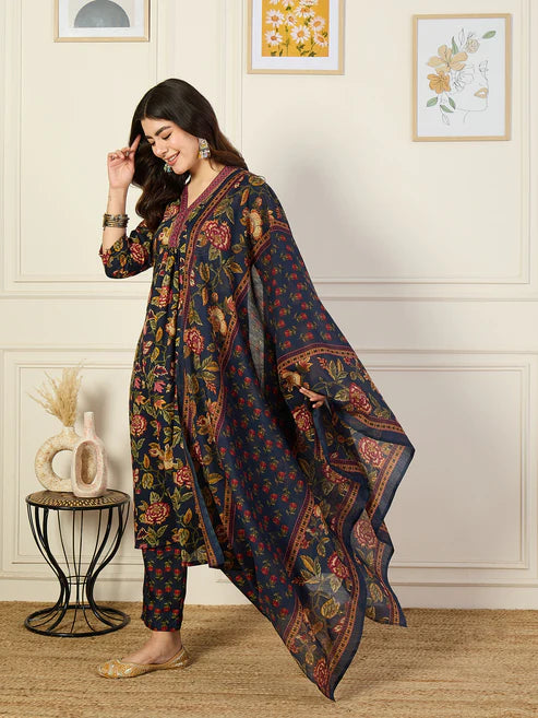 Printed A-Line Floral Blue Kurta and Pant Set With Dupatta