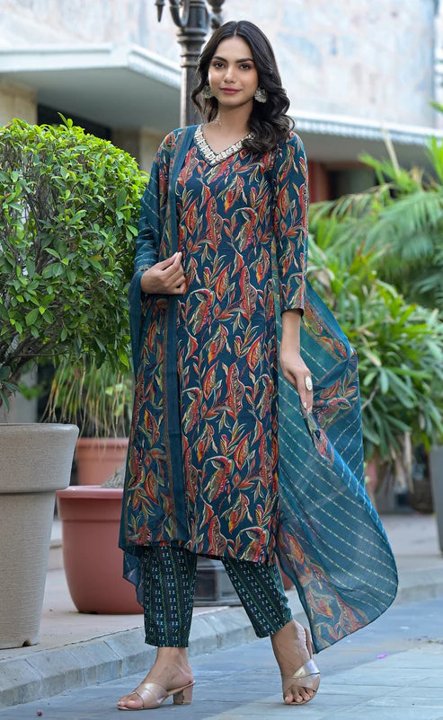 Embroidery A-Line Kurta and Pant set with Dupatta