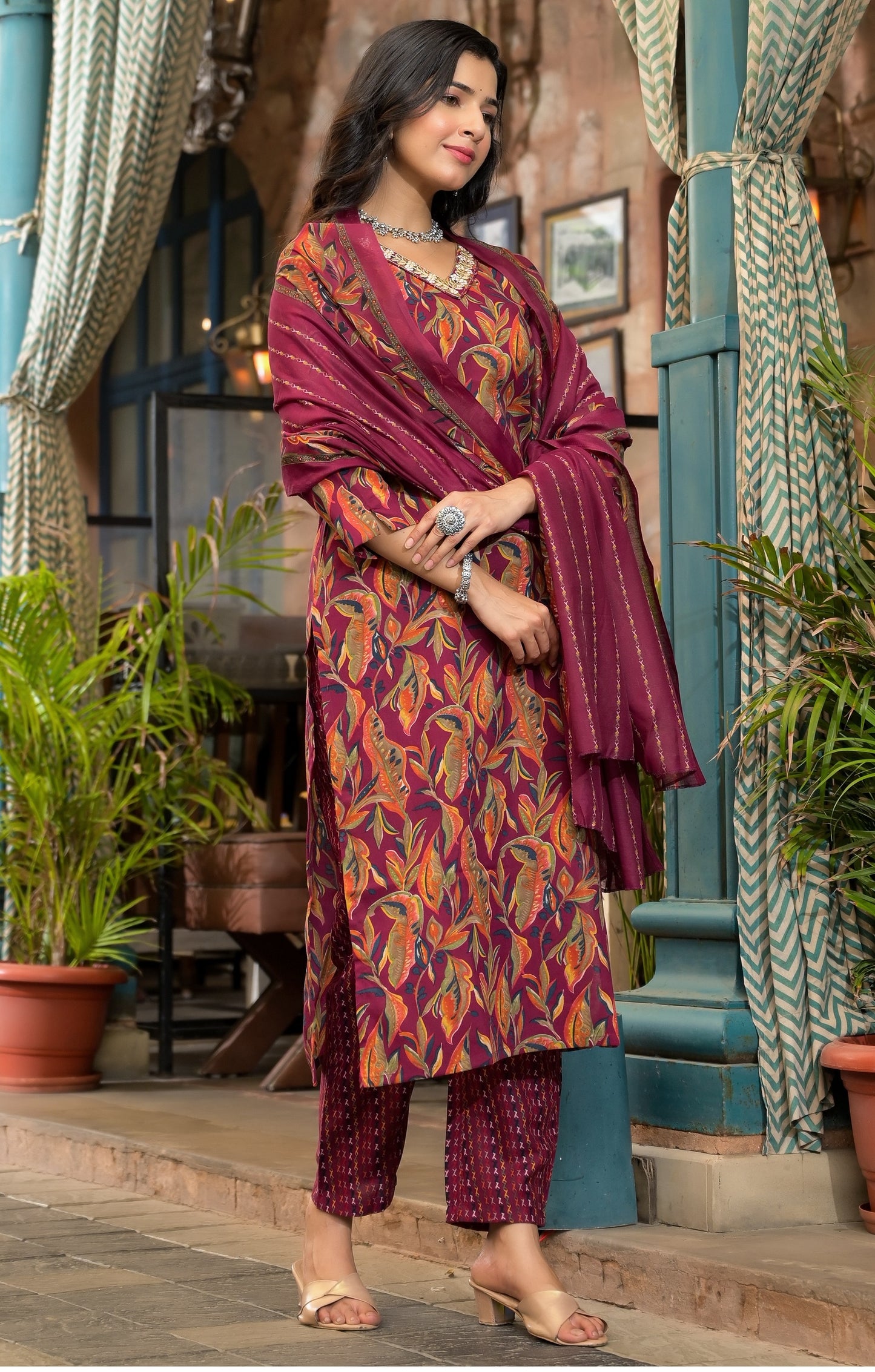 Women Red Embroidery Viscose Rayon Kurta, Pant And Dupatta Set