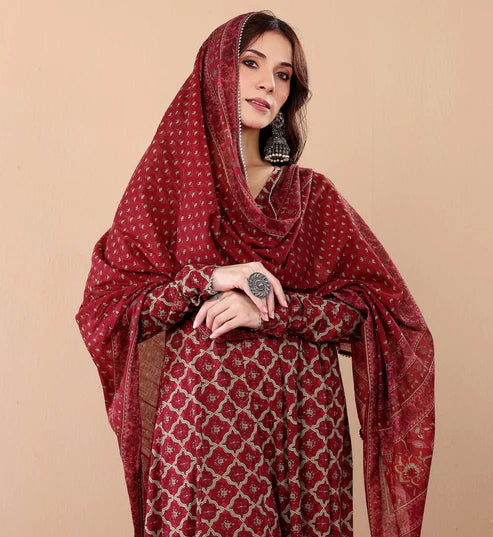 Printed A-Line Kurta and Pant Set With Dupatta