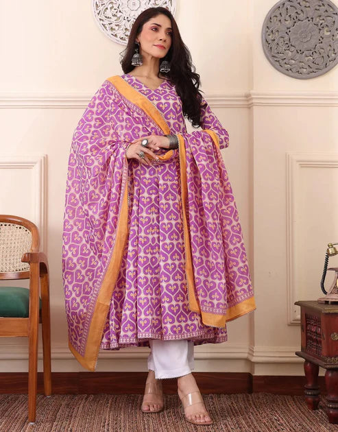 Printed Anarkali Kurta and Pant Set With Dupatta