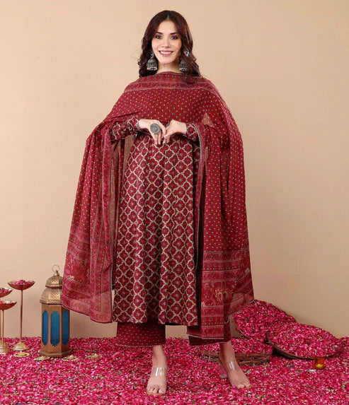 Printed A-Line Kurta and Pant Set With Dupatta