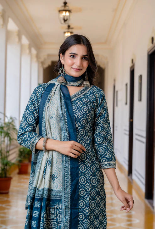Printed Straight Blue Kurta and Pant set with Dupatta