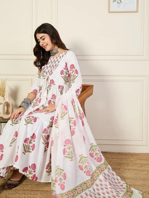 Printed Anarkali White Kurta and Pant Set With Dupatta