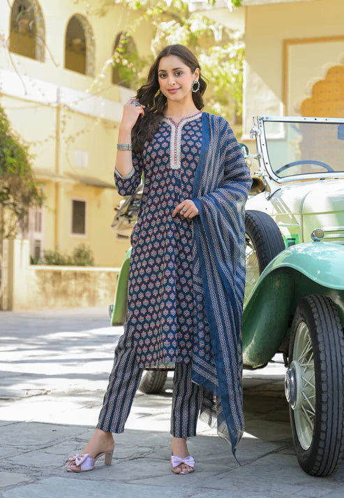 Printed Straight Blue Kurta And Pant Set With Dupatta