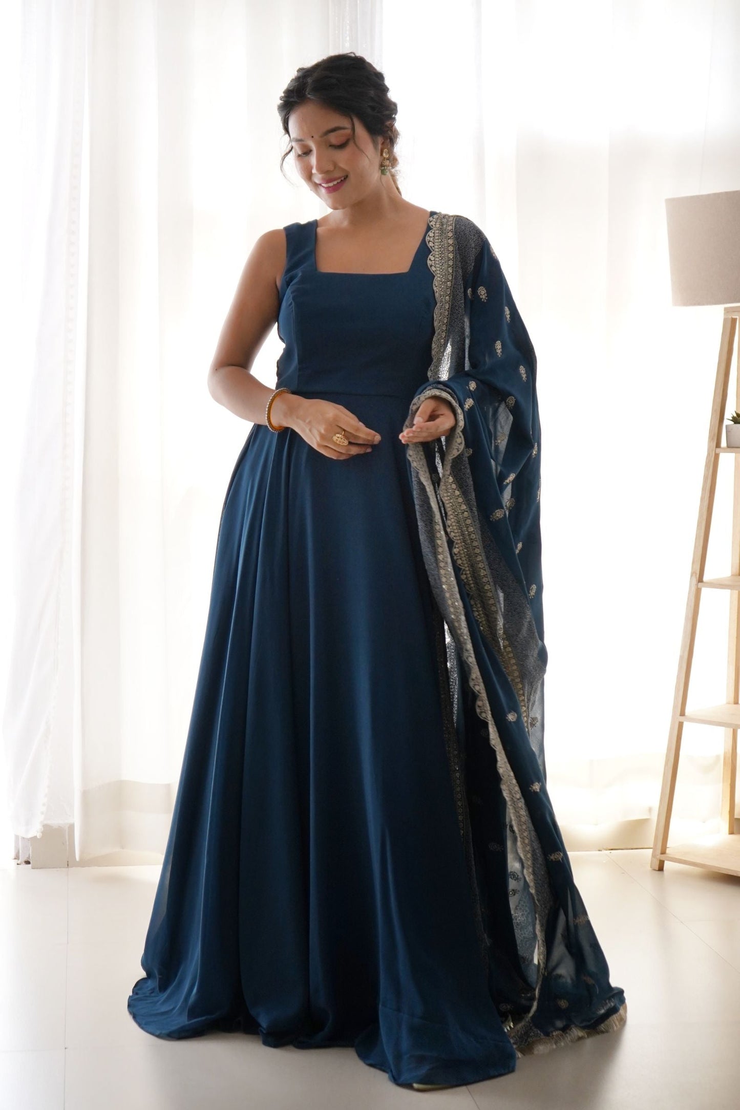 Solid Georgette Stitched Anarkali Gown With Dupatta
