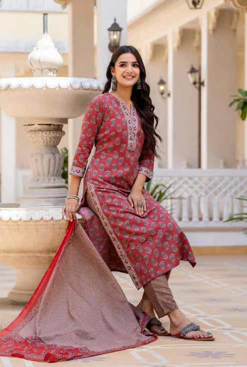 Printed Straight Red Kurta and Pant set with Dupatta