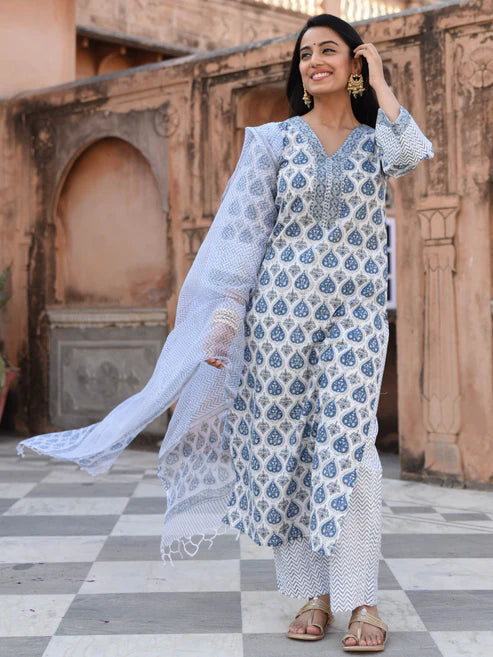 Printed Straight Kurta and Pant set with Dupatta