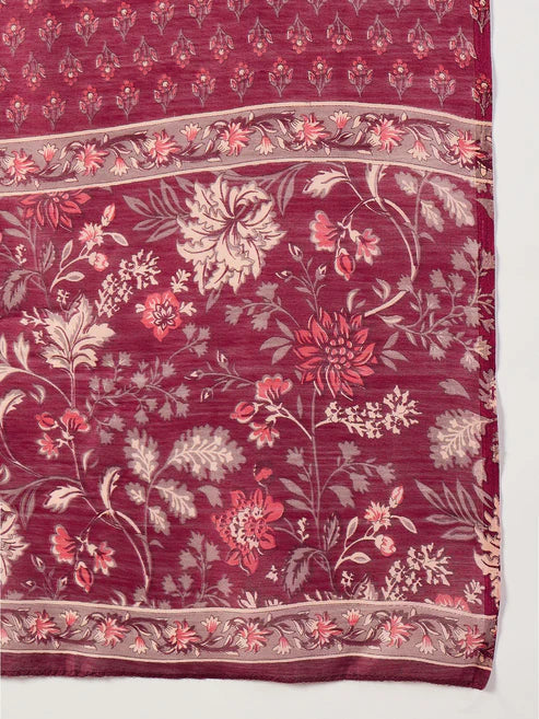 Floral Printed Anarkali Maroon Kurta and Pant Set With Dupatta
