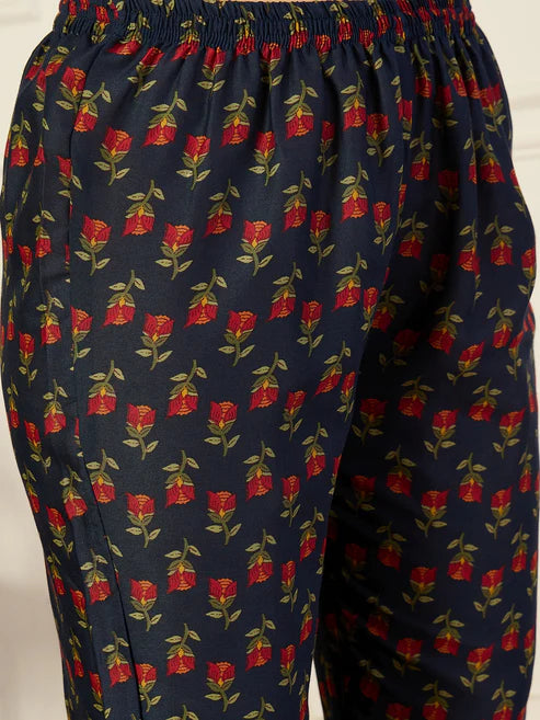Printed A-Line Floral Blue Kurta and Pant Set With Dupatta