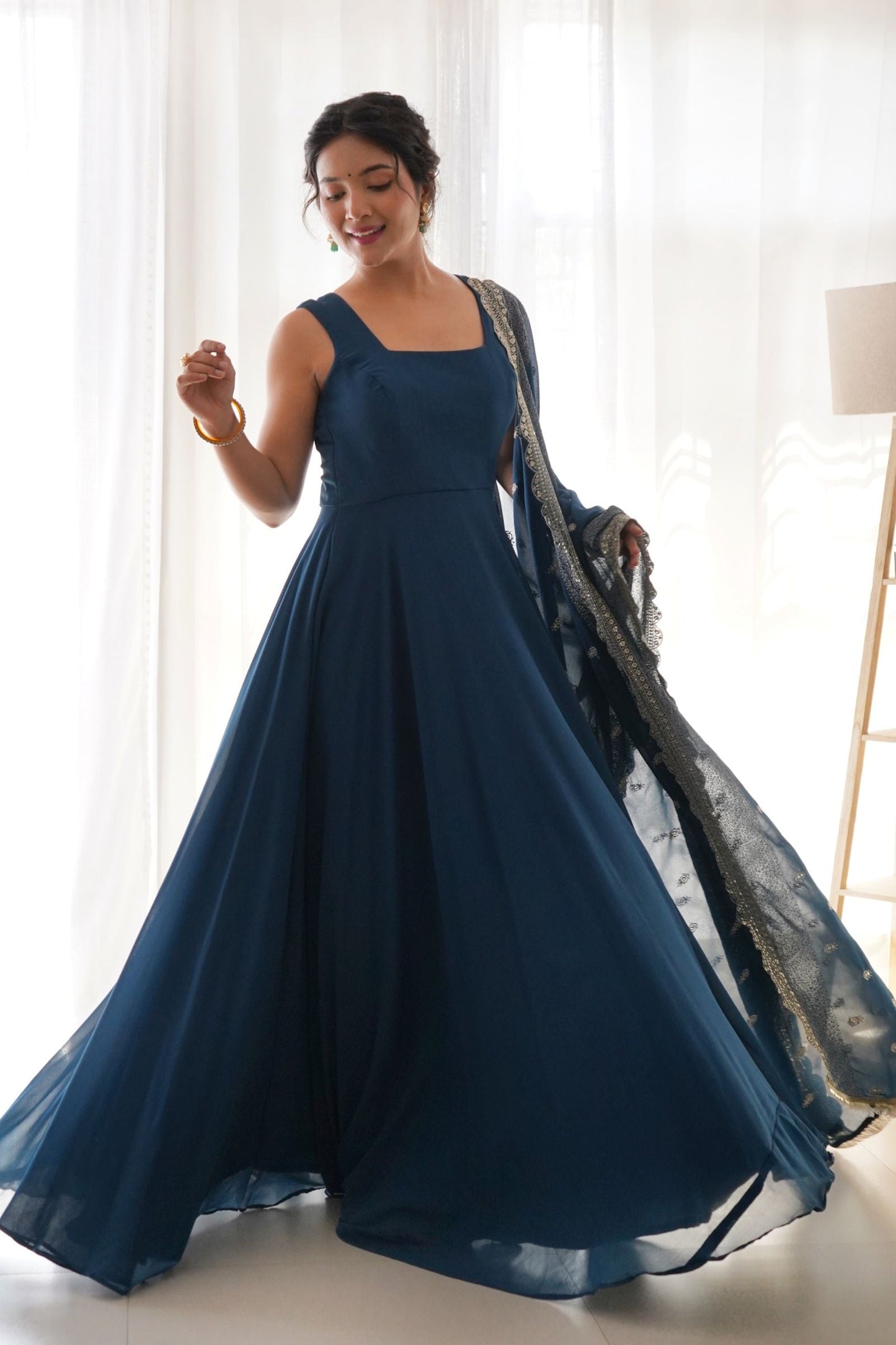 Solid Georgette Stitched Anarkali Gown With Dupatta