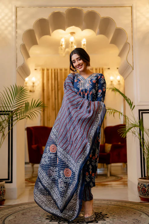 Printed Flared A-Line Kurta and Pant set with Dupatta