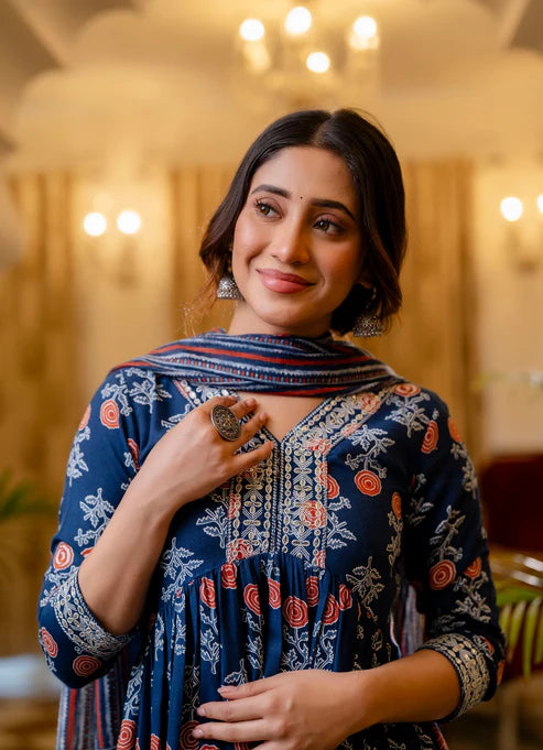 Printed Flared A-Line Kurta and Pant set with Dupatta