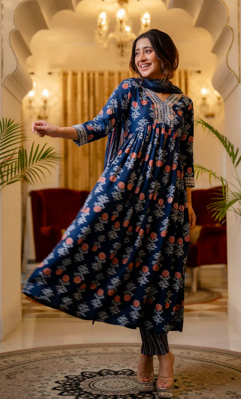 Printed Flared A-Line Kurta and Pant set with Dupatta