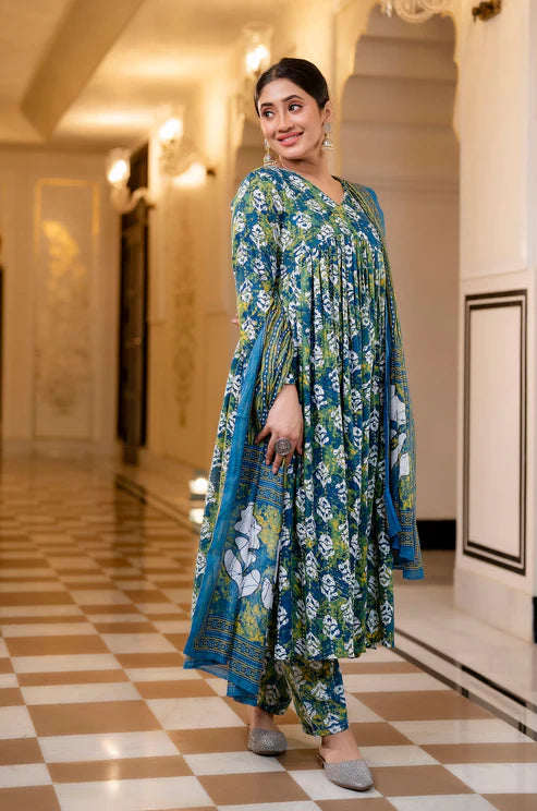 Women Printed Flared Anarkali Kurta and Pant Set with Dupatta