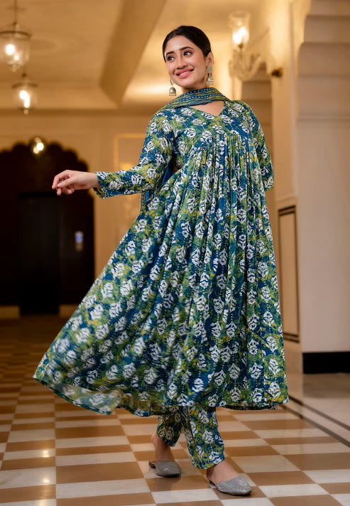 Women Printed Flared Anarkali Kurta and Pant Set with Dupatta