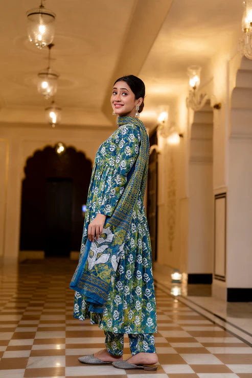 Women Printed Flared Anarkali Kurta and Pant Set with Dupatta