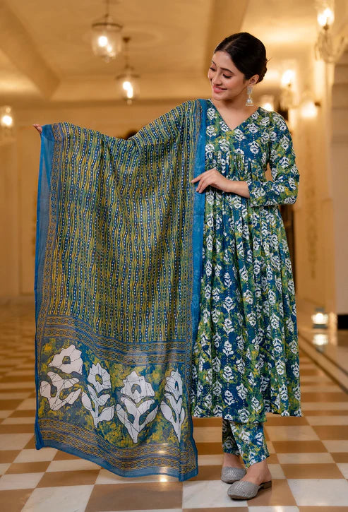 Women Printed Flared Anarkali Kurta and Pant Set with Dupatta