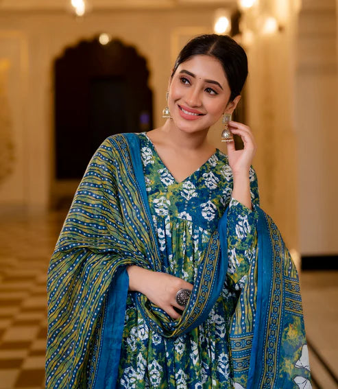 Women Printed Flared Anarkali Kurta and Pant Set with Dupatta