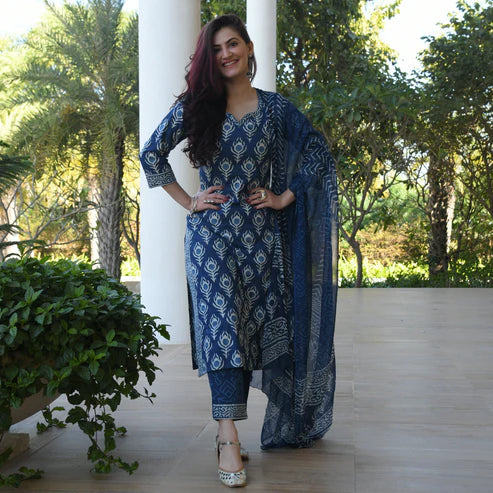 INDIGO PRINTED COTTON SUIT SET