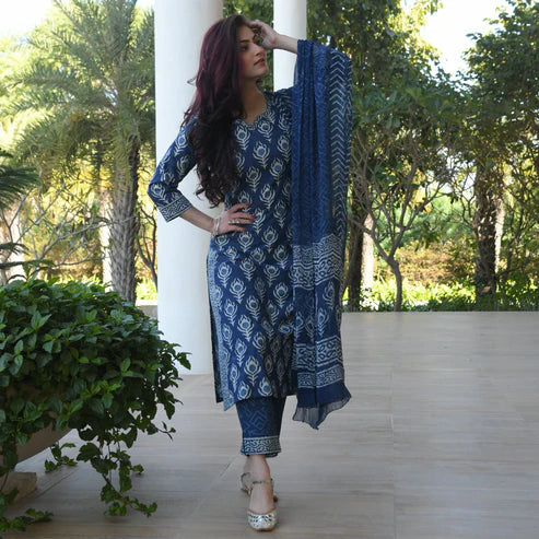 INDIGO PRINTED COTTON SUIT SET