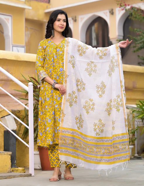 Floral Printed Flared A-Line Kurta and Pant set with Dupatta