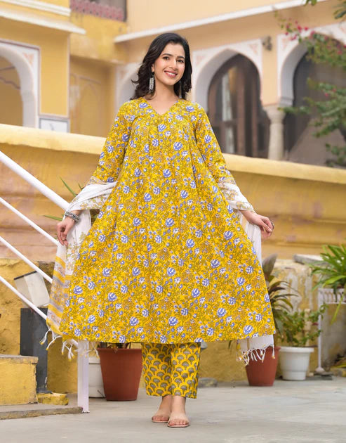 Floral Printed Flared A-Line Kurta and Pant set with Dupatta