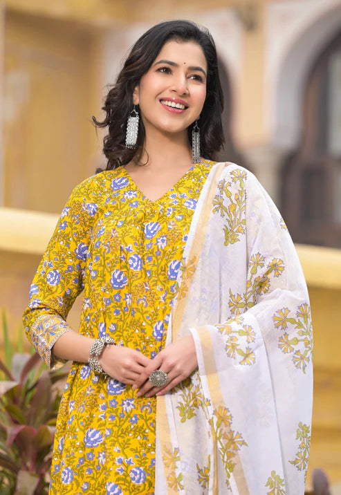 Floral Printed Flared A-Line Kurta and Pant set with Dupatta