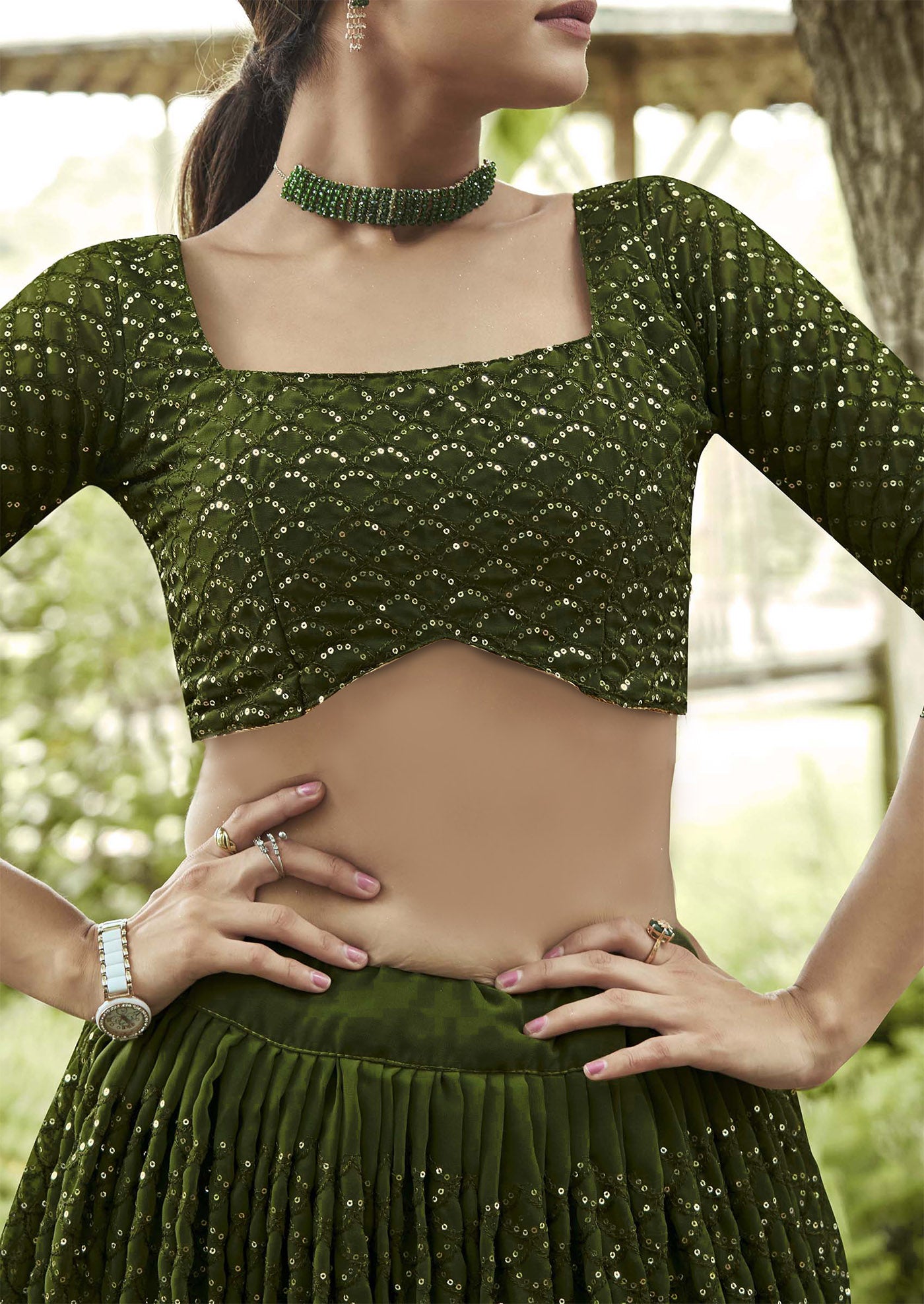Embllished Semi Stitched Lehenga Choli (Green)
