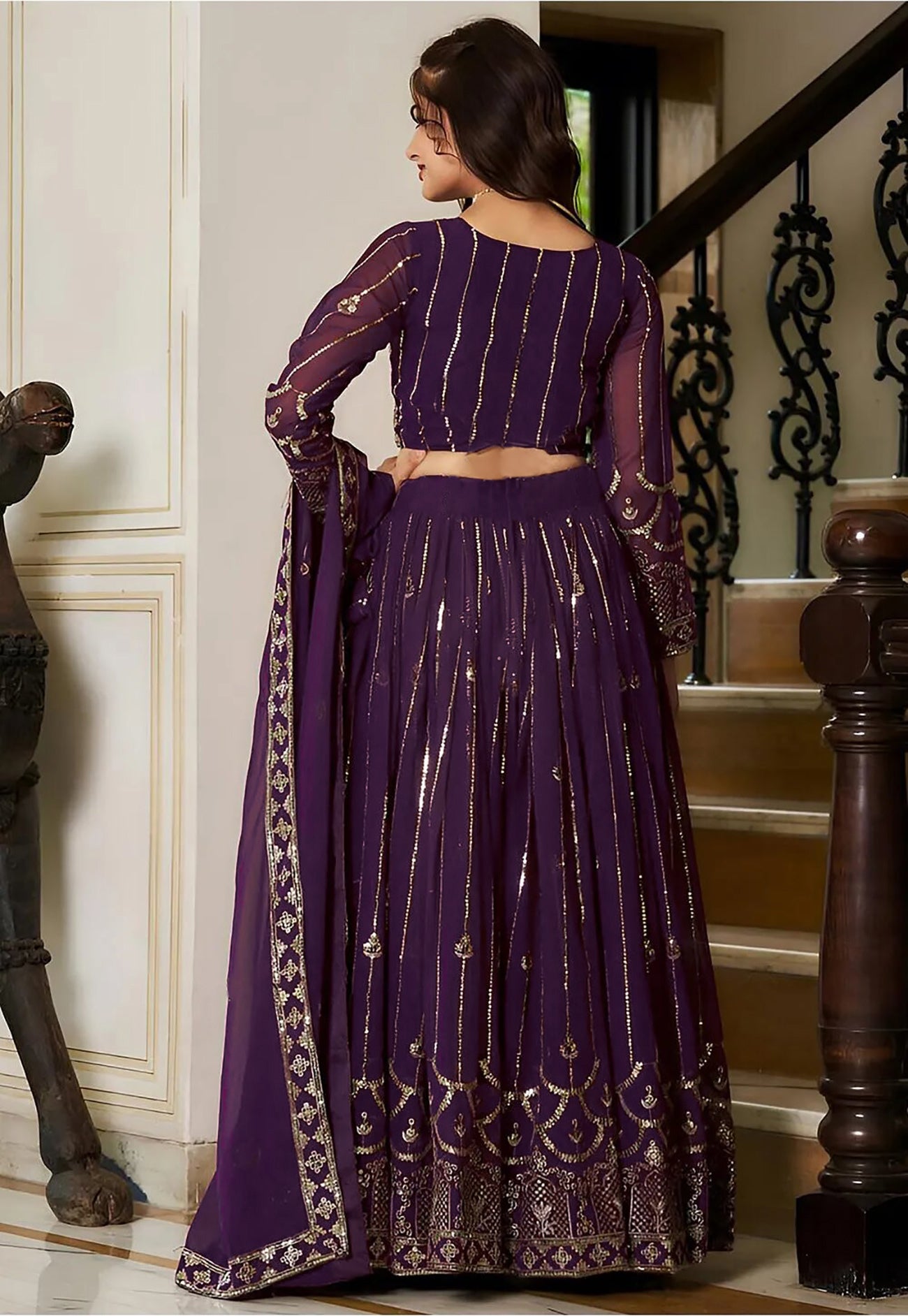 Embroidered, Embellished Semi Stitched Lehenga Choli (Purple)